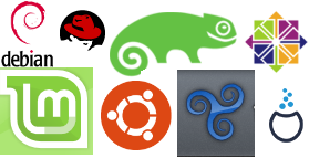 logos for Debian, Red Hat, SUSE, CentOS, Mint, Ubuntu, Trisquel, Mageia