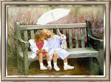 Twee kinderen op een bank - Two children on a bench