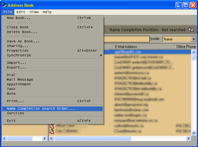 Address Book - File menu (Name Completion Search Order)