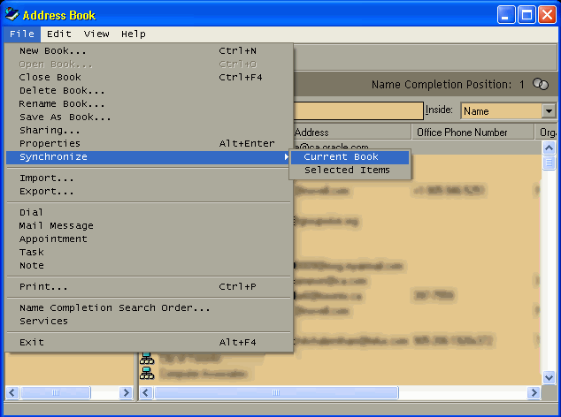 Address Book - File Menu (Synchronize)