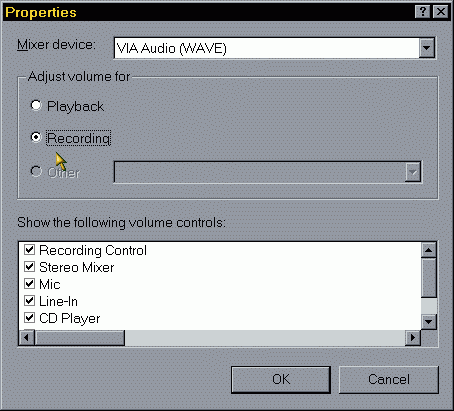 Volume control, Properties screen