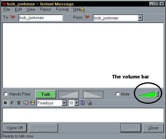Yahoo! Message window, with the volume bar circled